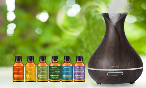 Premium Ultrasonic Vase Shaped Color Changing Diffuser With 6-Piece Essential Oil Set