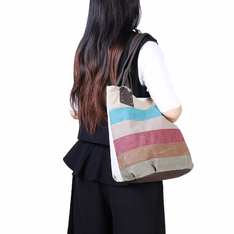 Womens Patchwork Striped Canvas Hobo Shoulder Handbag Multi-Color Casual Messenger Tote Bag