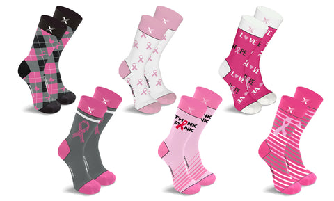 6-Pairs: Breast Cancer Awareness Crew Length Everyday Wear Compression Socks