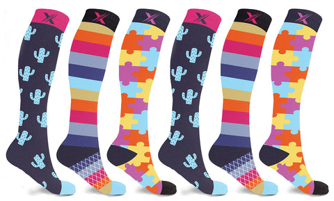 3 or 6-Pairs : Unisex Fun Pattern Knee High Compression Socks