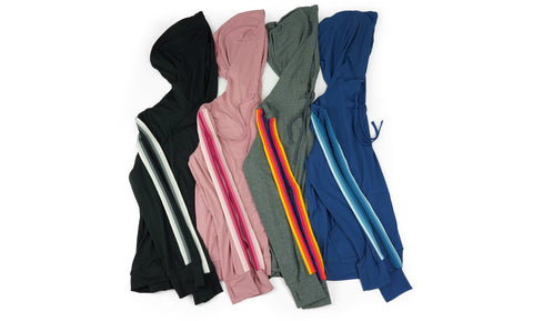 Women's Lightweight Accent Stripes Sweat Shirt Varsity Hoodie w/ Drawstring Tie