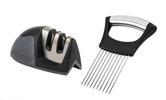 2-Pack: Ultra Sharp Knife Sharpener and Stainless Steel Vegetable And Meat Slicer Holder