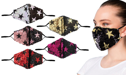 5-Pack: Star Struck Cotton Reversible Sequin  Fashion Face Masks With Adjustable Ear Loops