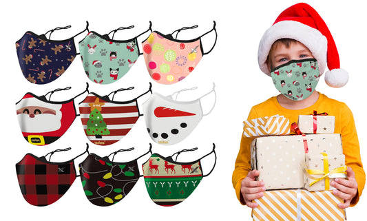 9-Pack: Christmas Themed Kids Two-Layered Reusable Face Mask With Adjustable Ear Loops