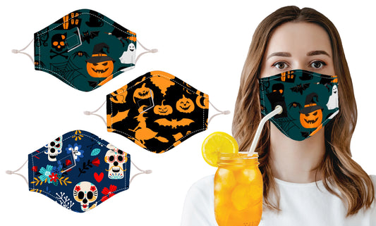 Halloween Themed Reusable Face Mask with Drinking Straw Hole (3-Pack)