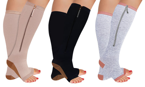 3-Pairs : Knee-High Open-Toe Copper-Infused Socks