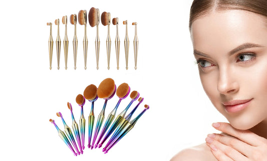 Professional Oval Kabuki Metallic Cosmetic Makeup Brushes Set - 10 Pieces