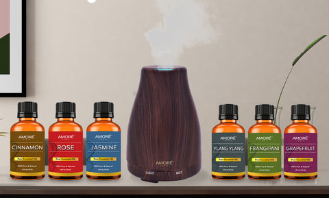 Natural Wood Grain Cool Mist Aromatherapy Diffuser  with Essential Oil Gift Set (7-Piece)