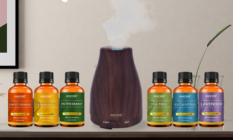 Natural Wood Grain Cool Mist Aromatherapy Diffuser  with Essential Oil Gift Set (7-Piece)