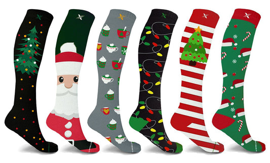 6-Pairs: XTF Holiday and Christmas Collection Knee-High Compression Socks