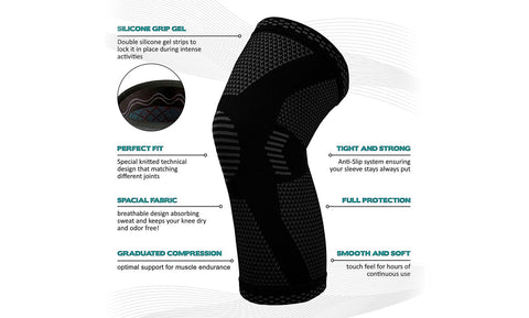 Support and Recover Knee Compression Sleeve Brace With Gel Grip  for Workouts, Sports, Gyms, and Running (1-Pair)