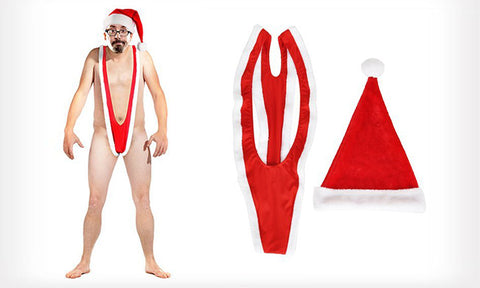 2-Piece: Men's Tempting Borat Style Christmas Santakini with Hat Set