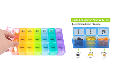 Colorful  3-Times Weekly Pills Vitamins Organizer with Large Compartments and Detachable Trays