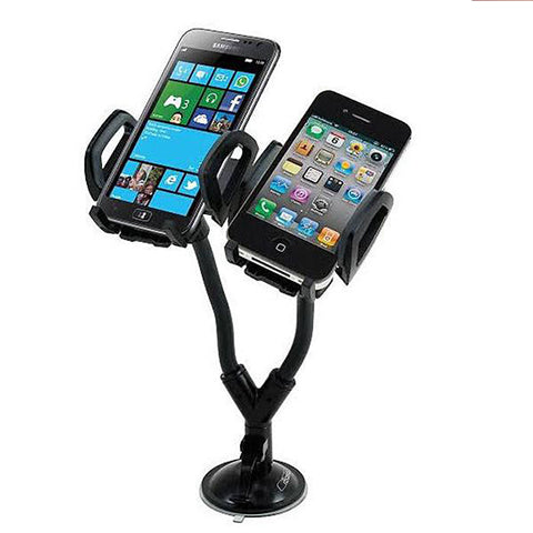Heavy Duty Dual Car Mount With Flexible Long Gooseneck Holder Adjustable Cell Phone Cup Holder, Universal Size Fits 2 IPhone, Samsung, GPS And More